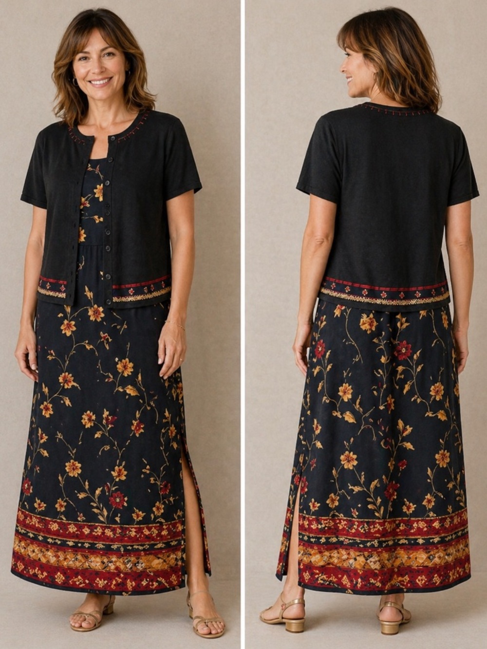 R & K Black Floral 2 Piece Dress Set